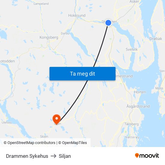 Drammen Sykehus to Siljan map