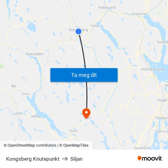 Kongsberg Knutepunkt to Siljan map