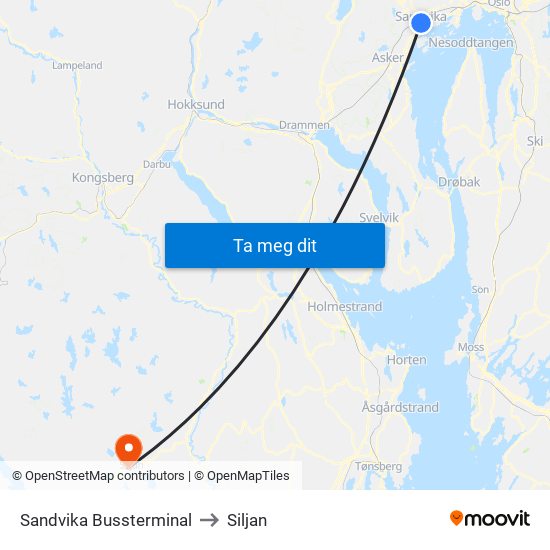 Sandvika Bussterminal to Siljan map