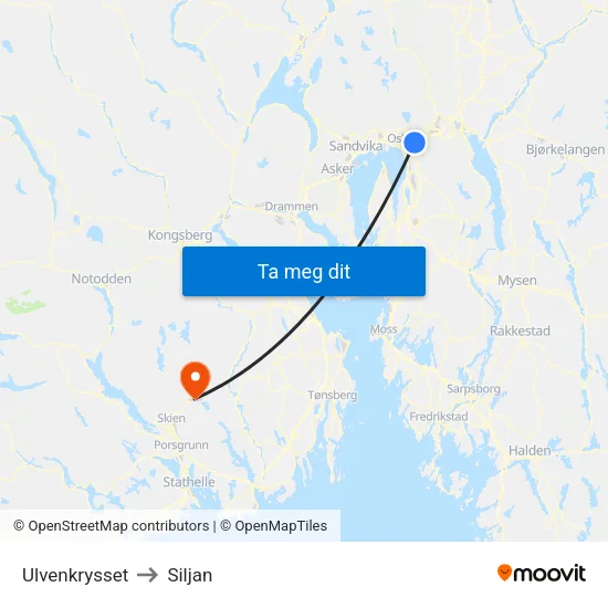 Ulvenkrysset to Siljan map
