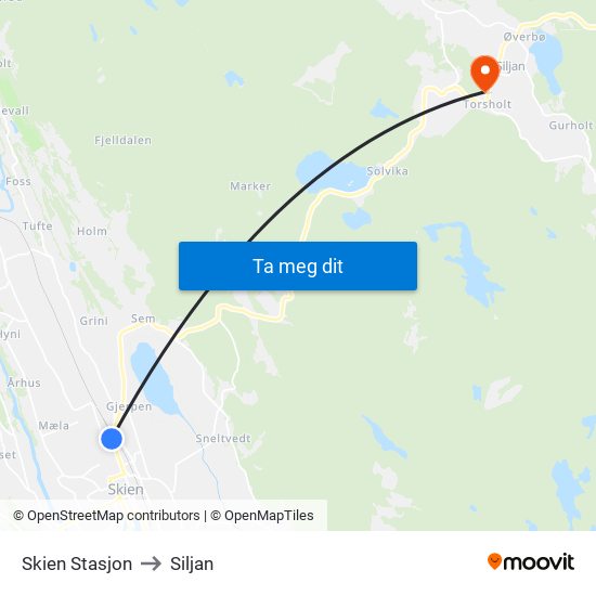 Skien Stasjon to Siljan map