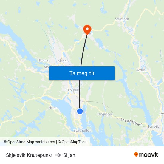 Skjelsvik Knutepunkt to Siljan map