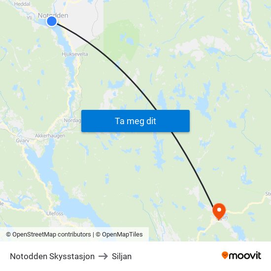Notodden Skysstasjon to Siljan map