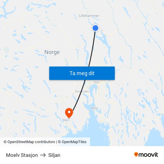 Moelv Stasjon to Siljan map