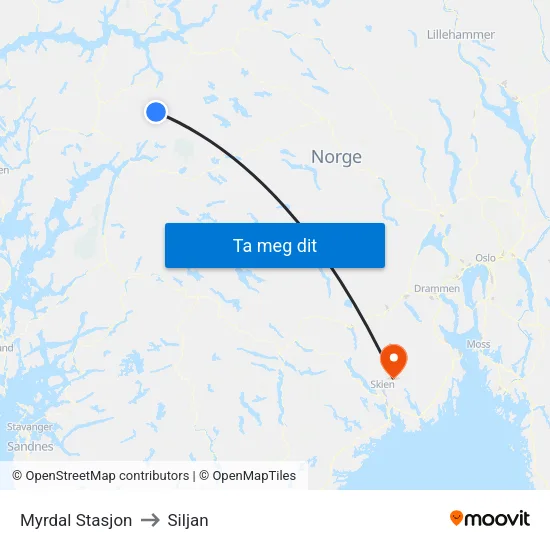 Myrdal Stasjon to Siljan map
