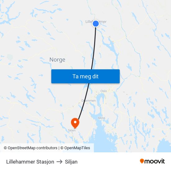 Lillehammer Stasjon to Siljan map