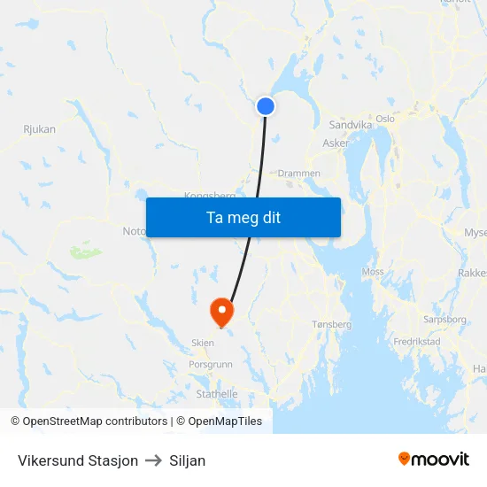 Vikersund Stasjon to Siljan map