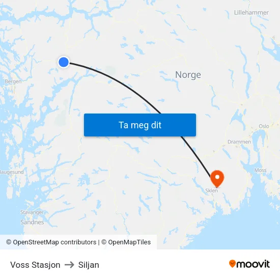 Voss Stasjon to Siljan map