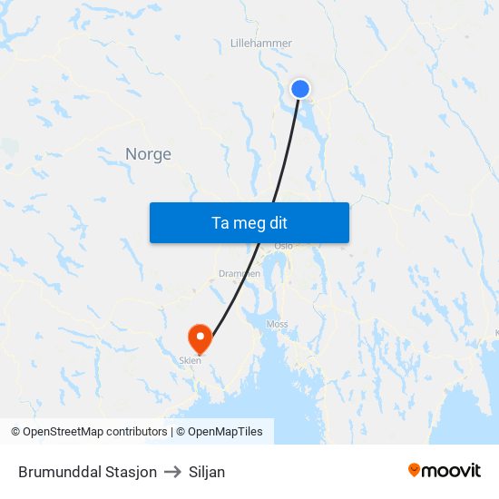 Brumunddal Stasjon to Siljan map