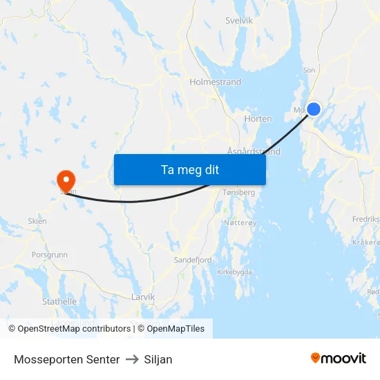 Mosseporten Senter to Siljan map