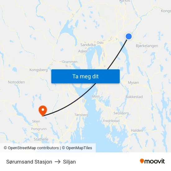 Sørumsand Stasjon to Siljan map