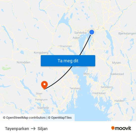 Tøyenparken to Siljan map