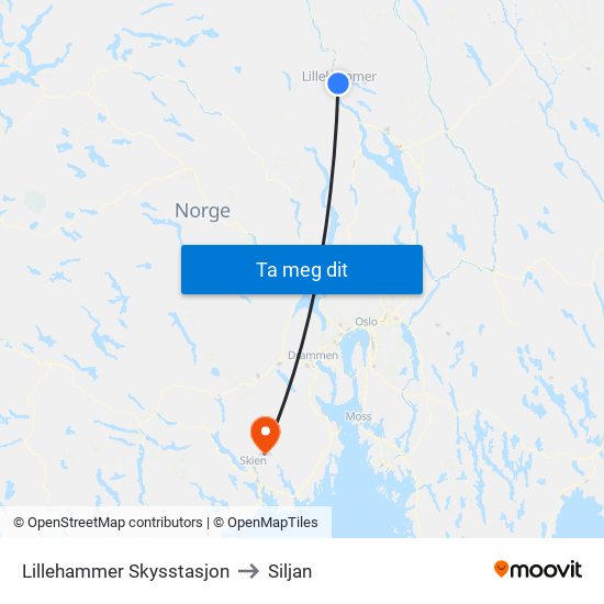 Lillehammer Skysstasjon to Siljan map