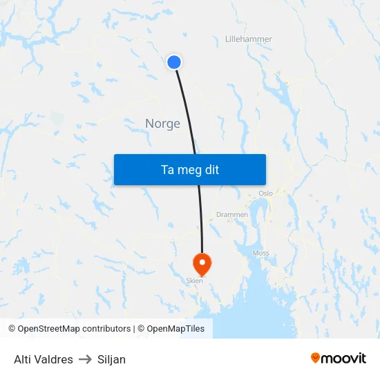Alti Valdres to Siljan map