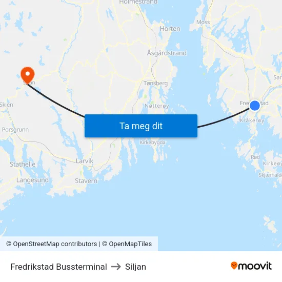 Fredrikstad Bussterminal to Siljan map