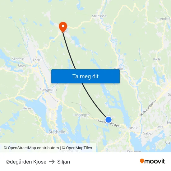 Ødegården Kjose to Siljan map