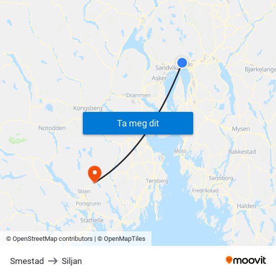 Smestad to Siljan map