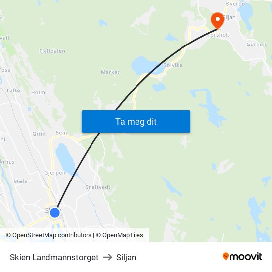 Skien Landmannstorget to Siljan map