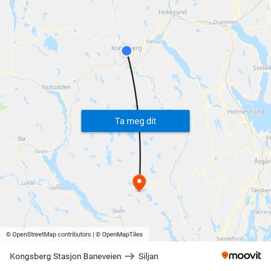 Kongsberg Stasjon Baneveien to Siljan map