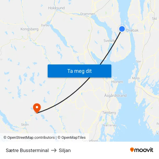 Sætre Bussterminal to Siljan map