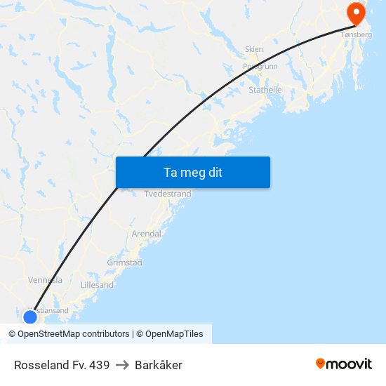 Rosseland Fv. 439 to Barkåker map