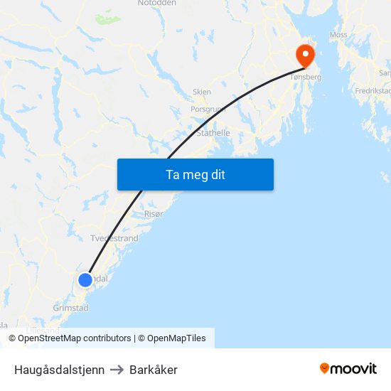 Haugåsdalstjenn to Barkåker map