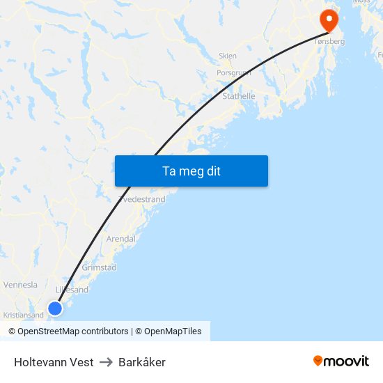 Holtevann Vest to Barkåker map