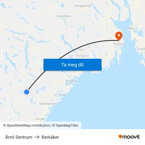 Åmli Sentrum to Barkåker map