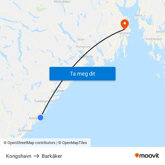 Kongshavn to Barkåker map