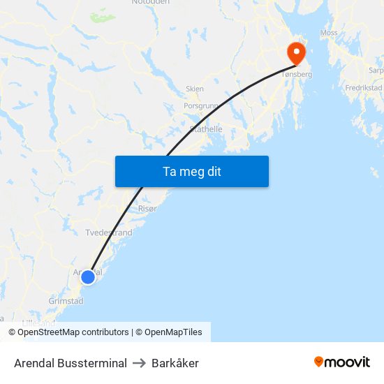 Arendal Bussterminal to Barkåker map