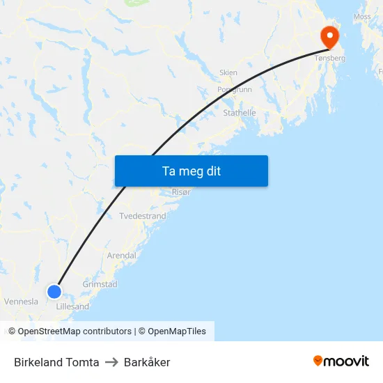 Birkeland Tomta to Barkåker map