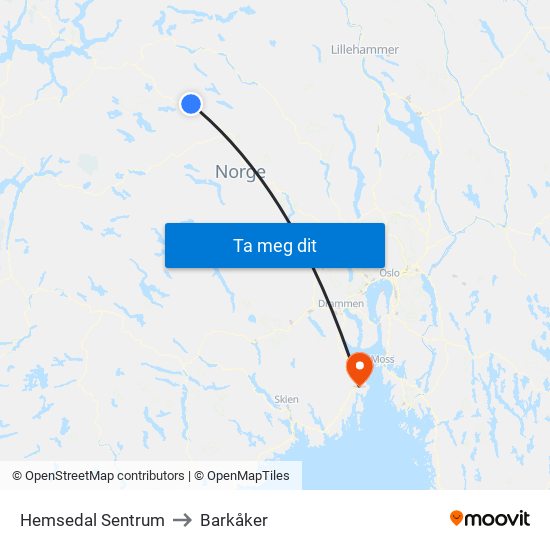 Hemsedal Sentrum to Barkåker map