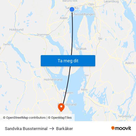 Sandvika Bussterminal to Barkåker map