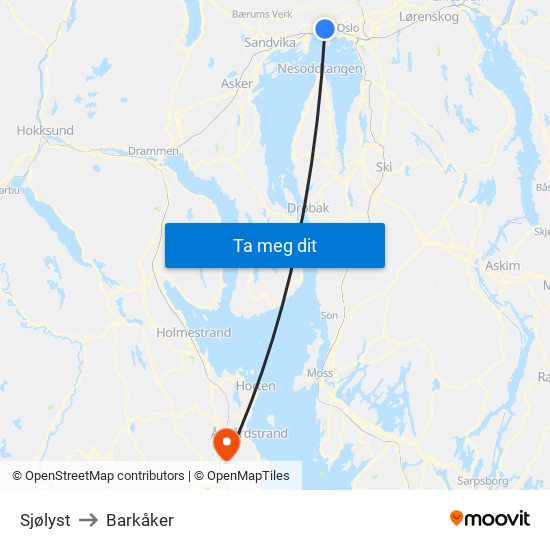 Sjølyst to Barkåker map