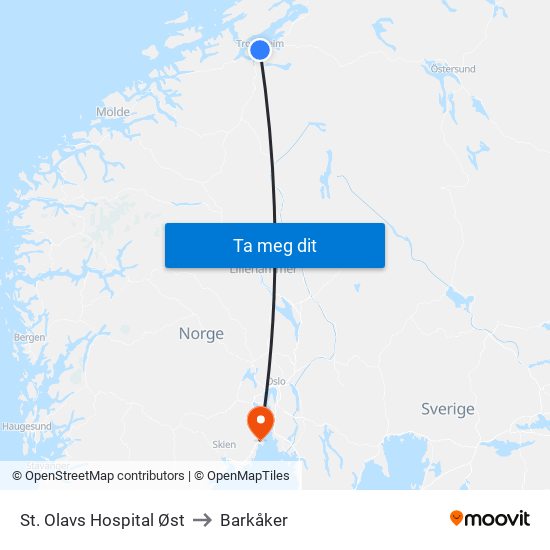 St. Olavs Hospital Øst to Barkåker map