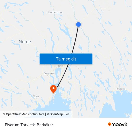 Elverum Torv to Barkåker map