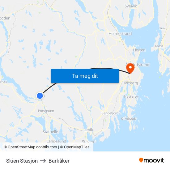 Skien Stasjon to Barkåker map