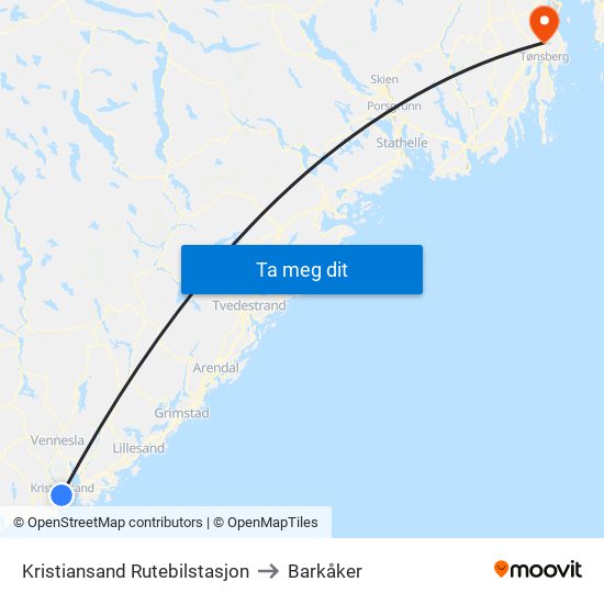 Kristiansand Rutebilstasjon to Barkåker map