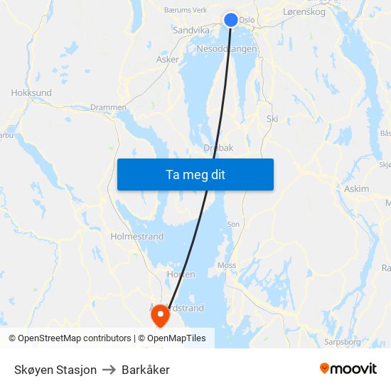 Skøyen Stasjon to Barkåker map