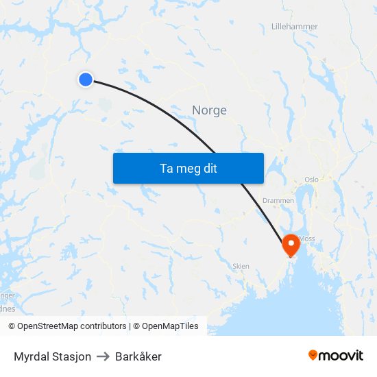 Myrdal Stasjon to Barkåker map