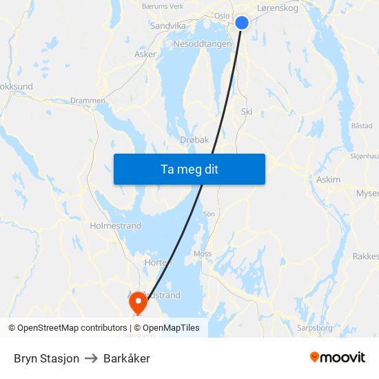 Bryn Stasjon to Barkåker map
