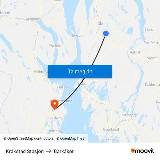 Kråkstad Stasjon to Barkåker map