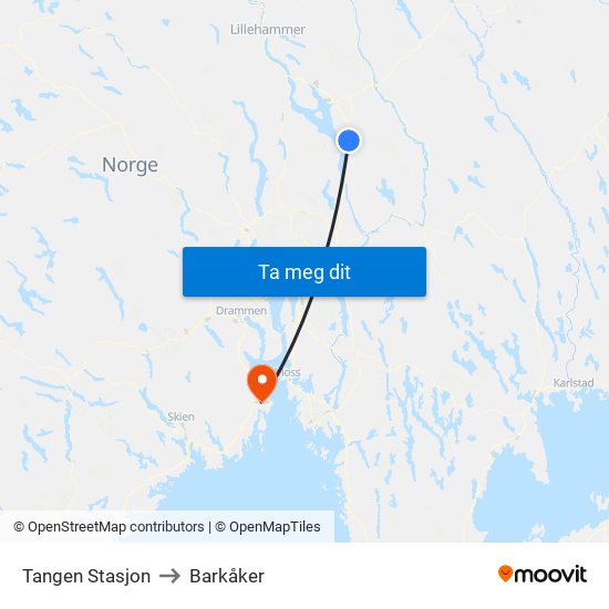 Tangen Stasjon to Barkåker map