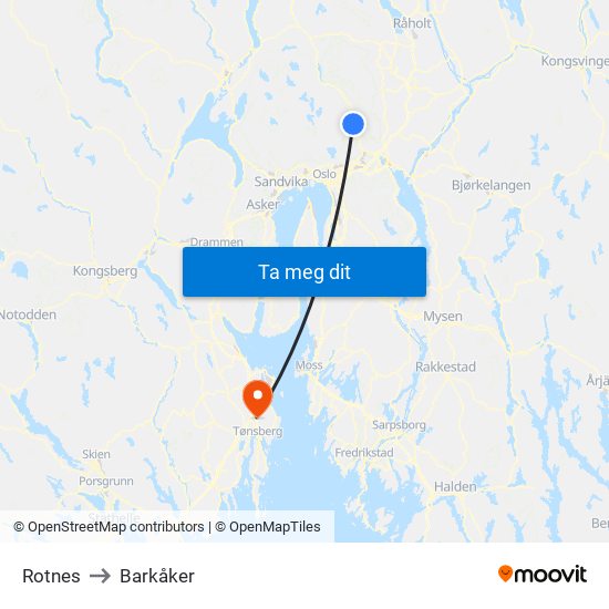 Rotnes to Barkåker map