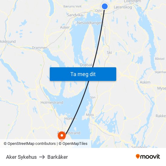 Aker Sykehus to Barkåker map