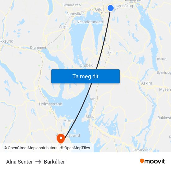 Alna Senter to Barkåker map