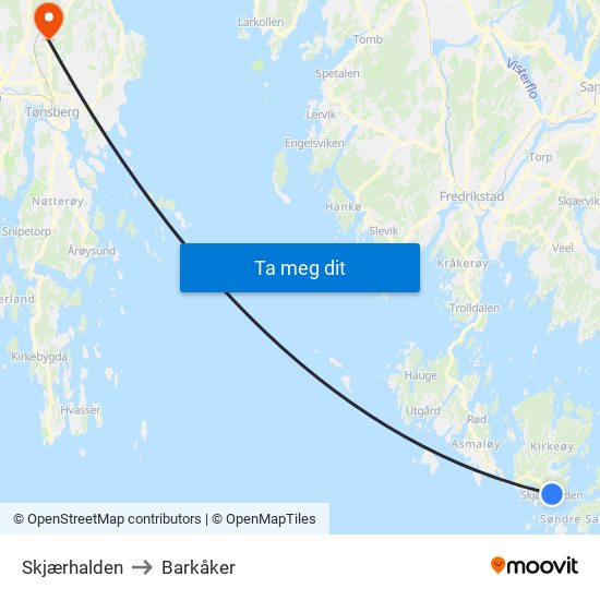 Skjærhalden to Barkåker map