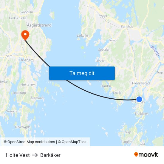 Holte Vest to Barkåker map
