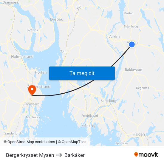 Bergerkrysset Mysen to Barkåker map