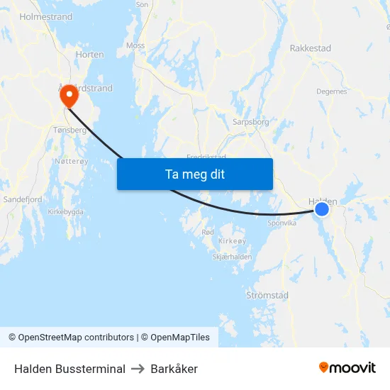 Halden Bussterminal to Barkåker map